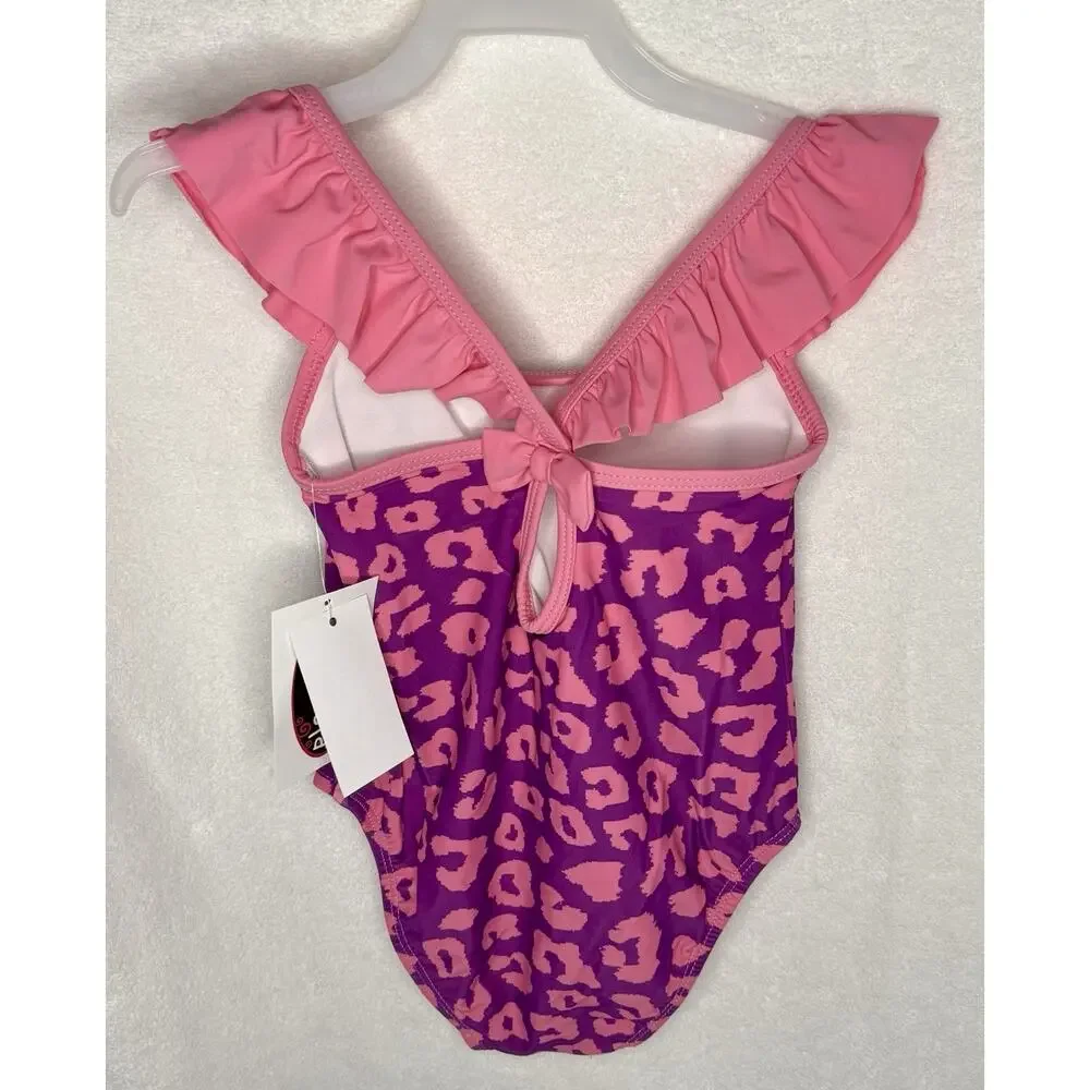 24m Girl Pink/Purple Leopard One-Piece Bathing Suit w/Ruffles, Keyhole Back